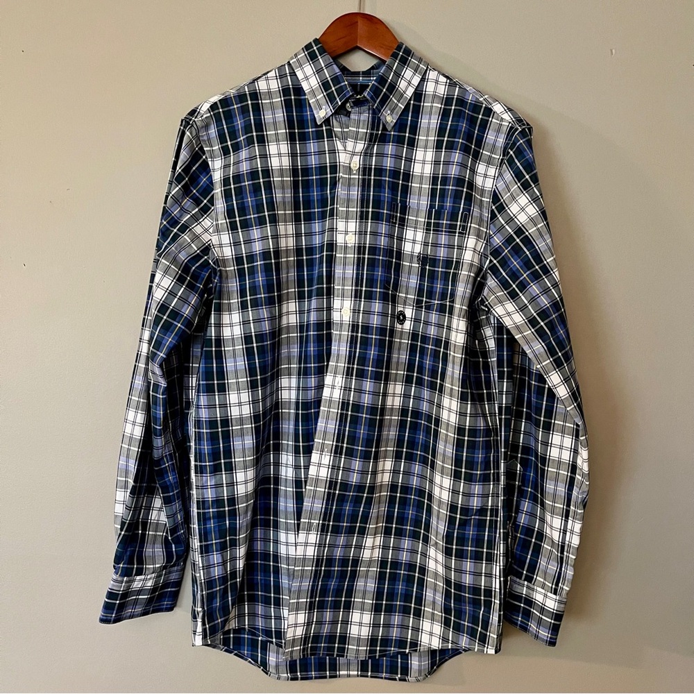 Chaps Men’s Small Blue Green Plaid Button Down Shirt Stretch Easy Care